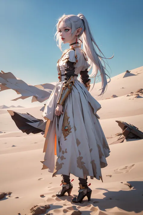 <lora:frieren:0.9>, Frieren, 1 girl, solo, white hair, twin tails, elf ears, green eyes, petite, (dark eye makeup), strong eye makeup, dark red lipstick, skirt , heels, dynamic pose, dynamic angle, wandering the desert, sand, night, stars, wind blowing hair, (full body shot), extremely detailed, ultradetail, high aesthetic, realistic, beautiful, emotional, expressive, visual poetry, sharp lines, refractive halation, ,<lora:armored_dress:0.6> armored_dress, shoulder armor, (silver armor), metalwork , extremely detailed engravings, hair ornament, jewelry, earrings , <lora:eyeliner_v1:0.6> , <lora:gothgirl:0.65>