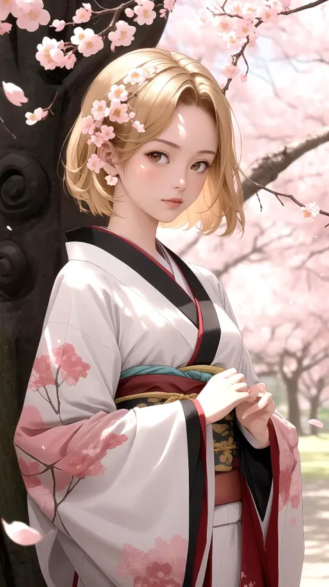 (masterpiece best quality), 1girl, blonde hair, brown eyes, breasts, japanese clothes, kimono, long sleeves, outdoors, realistic, short hair, light particle, messy hair, bare tree, branch, cherry blossoms, day, depth of field, east asian architecture, falling petals, floral background, floral print, flower, graduation, hanami, looking at viewer,