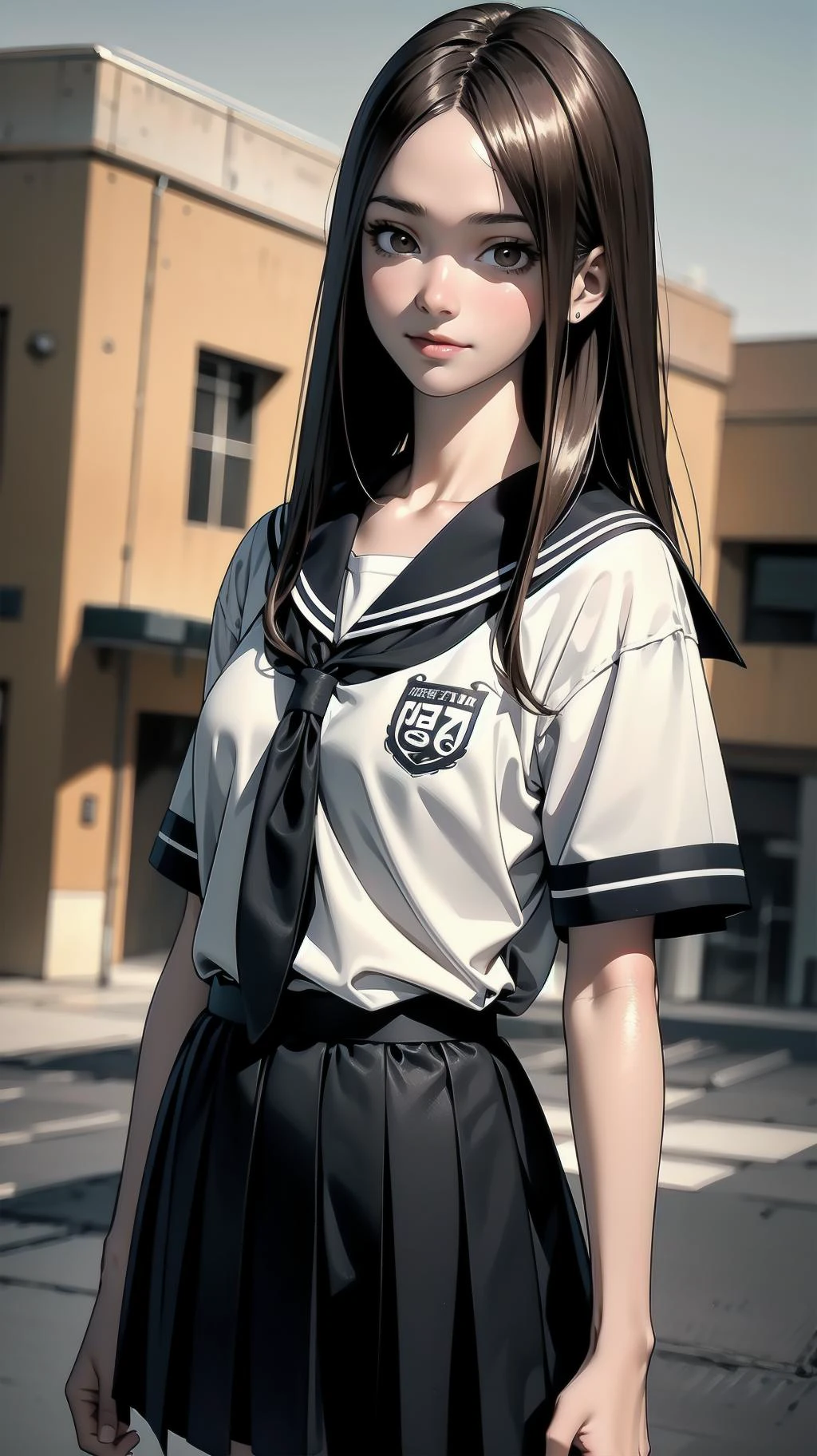 cowboy shot, standing, girl, long hair, brown hair, brown eyes, (perfect skin, realistic skin), seifuku, white shirt, white socks, fine fabric emphasis, slightly smile,  <lora:TakagiSan-clasicStyle-000008:0.60>, TakagiSanFirstStyle, (master piece:1.4, best quality:1.4, intricate details, highres, 8K, 4K, UHD, Ultra Detailed 8K CG, ultra high res, High quality texture, High quality shadow, HDR)