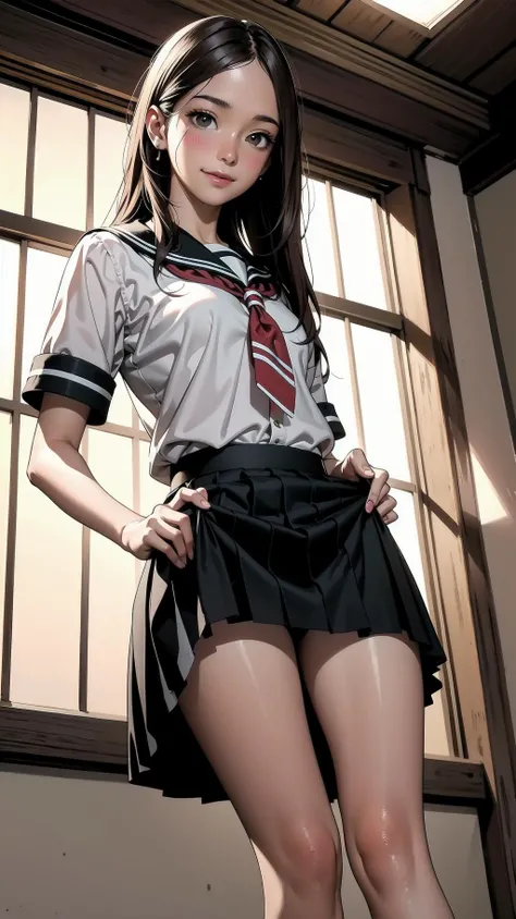 indoor, bedroom, girl, long hair, brown hair, brown eyes, (perfect skin, realistic skin), seifuku, white shirt, white panty, white socks, fine fabric emphasis, sexy:1.1, (smile, blush:1.2), <lora:TakagiSan-clasicStyle-000008:0.60>, TakagiSanFirstStyle, (master piece:1.4, best quality:1.4, intricate details, highres, 8K, 4K, UHD, Ultra Detailed 8K CG, ultra high res, High quality texture, High quality shadow, HDR), <lora:skirt_lift_pov:0.2> skirt lift pov, from below, lifted by self