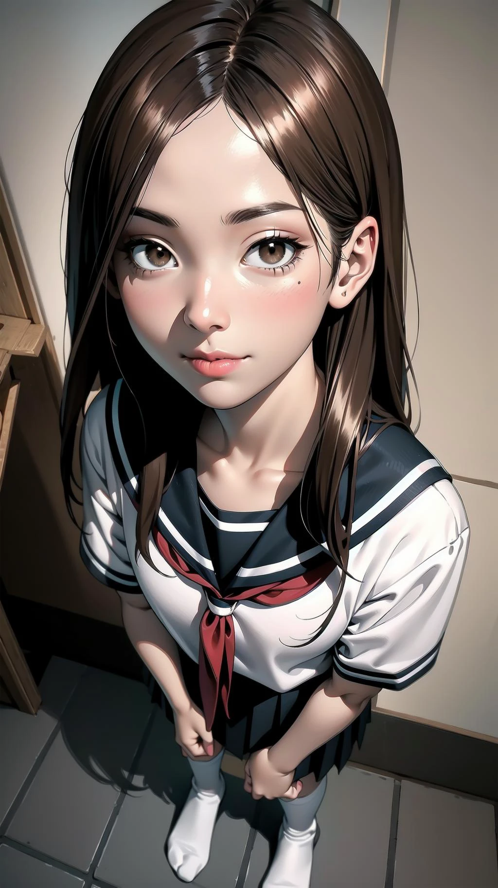 full body, standing, girl, long hair, brown hair, brown eyes, (perfect skin, realistic skin), seifuku, white shirt, white socks, fine fabric emphasis, smile, <lora:TakagiSan-clasicStyle-000008:0.61>, TakagiSanFirstStyle, (master piece:1.4, best quality:1.4, intricate details, highres, 8K, 4K, UHD, Ultra Detailed 8K CG, ultra high res, High quality texture, High quality shadow, HDR)