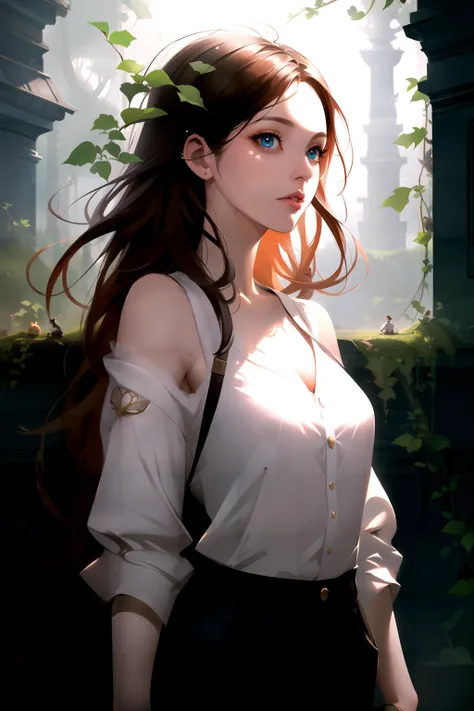 painting, elegant, (Girl:1.1) , Chinos, Honey hair styled as Ivy League, by Goro Fujita, Mike Campau, Concept art, imaginative worlds, whimsical characters, digital illustration, digital manipulation, surrealism, conceptual art, photorealistic imagery, photorealism, beautiful elegant, cool colors, stunning detail, epic, radiant