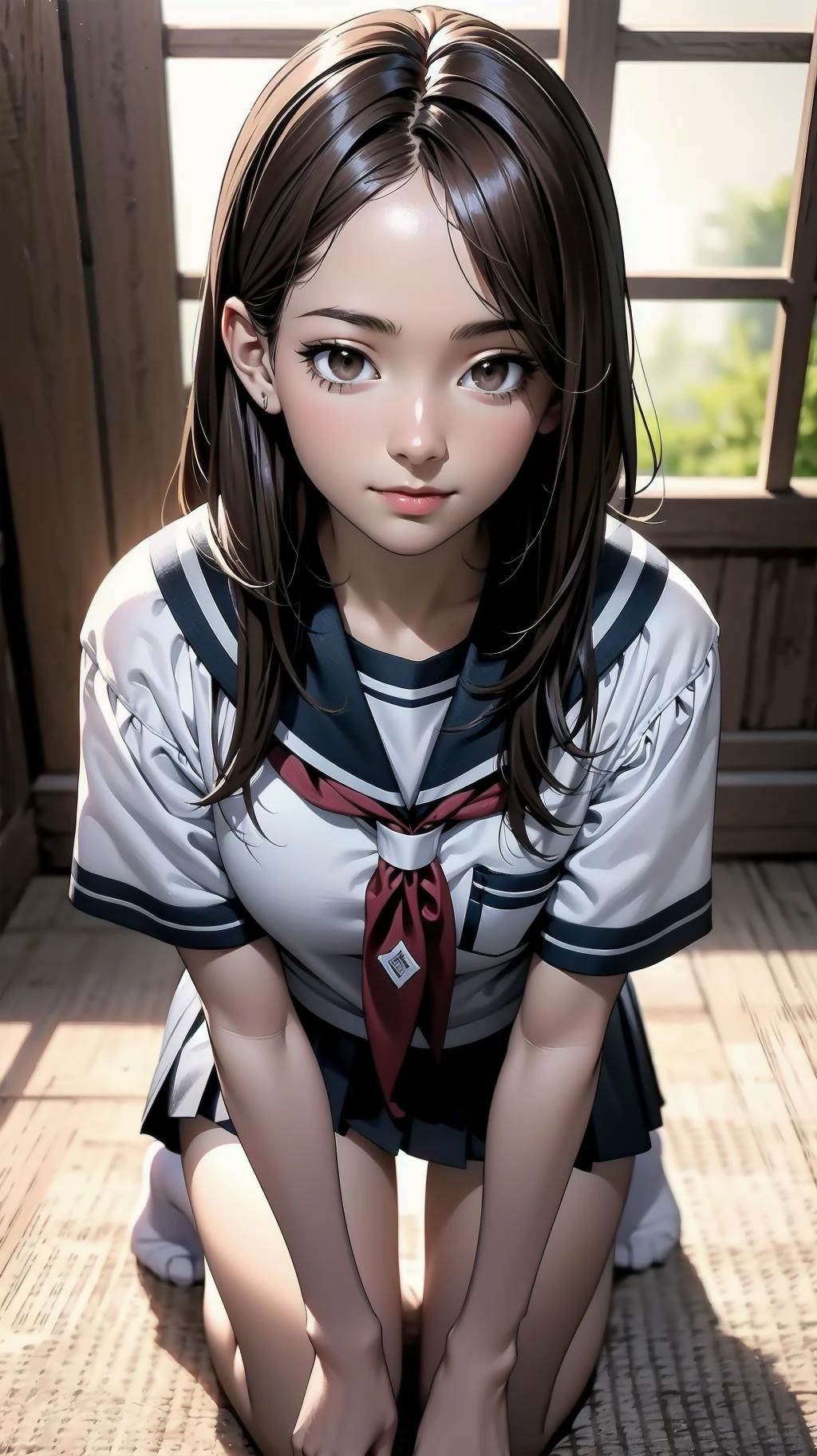 indoor, kneeling:1.2, girl, long hair, brown hair, brown eyes, (perfect skin, realistic skin), seifuku, white shirt, white socks, white panty, fine fabric emphasis, sexy:1.1, smile, <lora:TakagiSan-clasicStyle-000008:0.60>, TakagiSanFirstStyle, (master piece:1.4, best quality:1.4, intricate details, highres, 8K, 4K, UHD, Ultra Detailed 8K CG, ultra high res, High quality texture, High quality shadow, HDR), nsfw