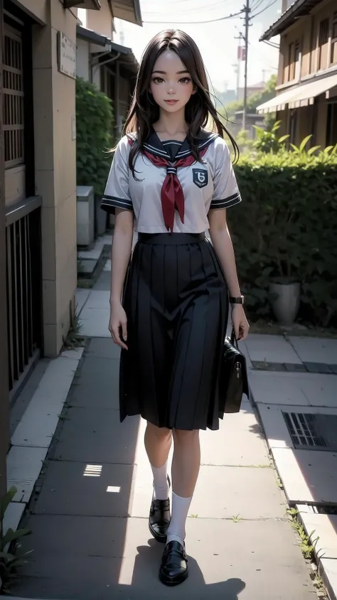 cowboy shot, standing, girl, long hair, brown hair, brown eyes, (perfect skin, realistic skin), seifuku, white shirt, white socks, fine fabric emphasis, smile, <lora:TakagiSan-clasicStyle-000008:0.61>, TakagiSanFirstStyle, (master piece:1.4, best quality:1.4, intricate details, highres, 8K, 4K, UHD, Ultra Detailed 8K CG, ultra high res, High quality texture, High quality shadow, HDR)