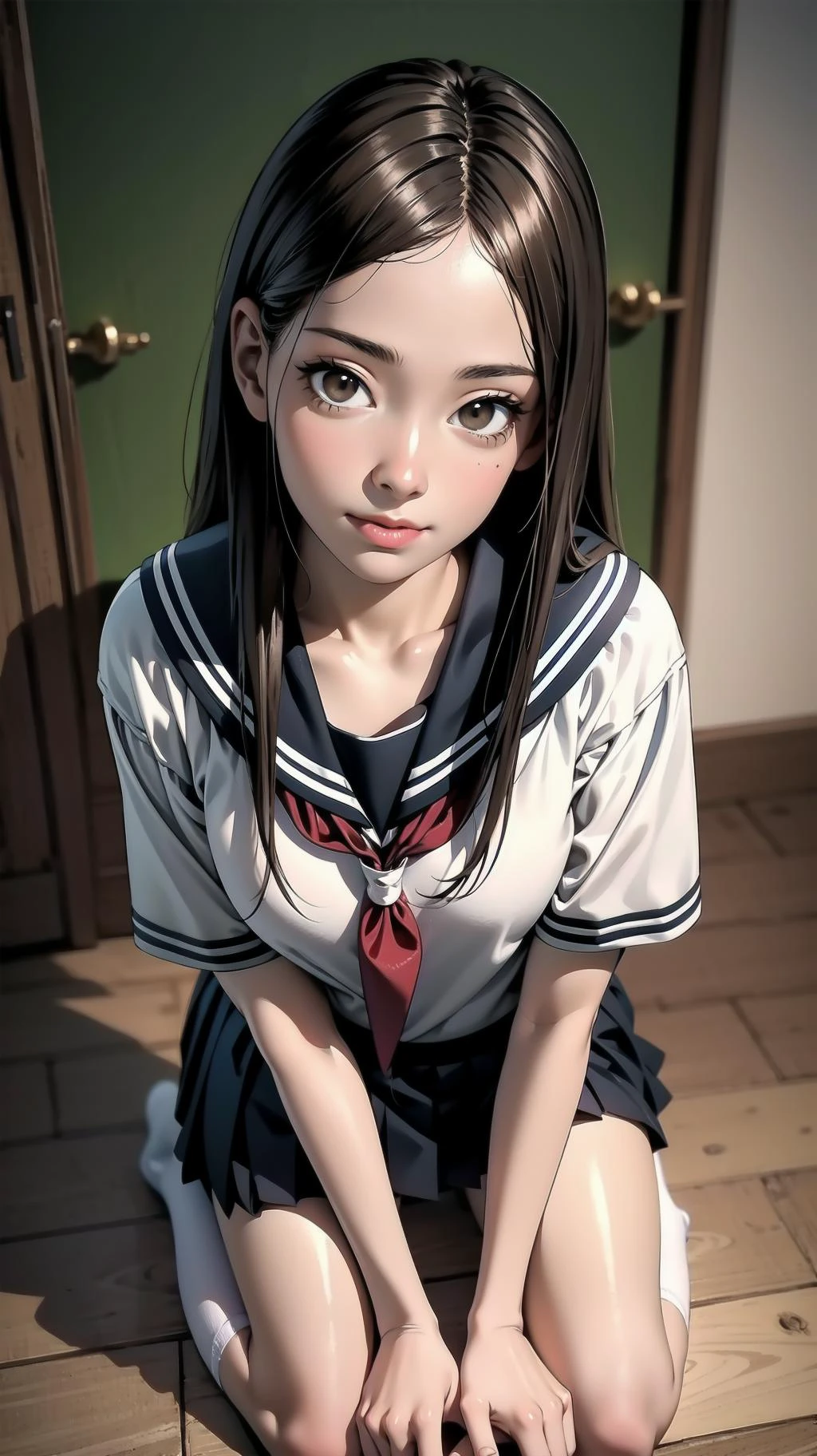 indoor, kneeling:1.2, girl, long hair, brown hair, brown eyes, (perfect skin, realistic skin), seifuku, white shirt, white socks, white panty, fine fabric emphasis, sexy:1.1, smile, <lora:TakagiSan-clasicStyle-000008:0.60>, TakagiSanFirstStyle, (master piece:1.4, best quality:1.4, intricate details, highres, 8K, 4K, UHD, Ultra Detailed 8K CG, ultra high res, High quality texture, High quality shadow, HDR), nsfw