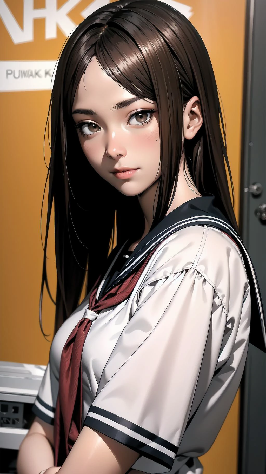 cowboy shot, standing, girl, long hair, brown hair, brown eyes, (perfect skin, realistic skin), seifuku, white shirt, white socks, fine fabric emphasis, smile, <lora:TakagiSan-clasicStyle-000008:0.61>, TakagiSanFirstStyle, (master piece:1.4, best quality:1.4, intricate details, highres, 8K, 4K, UHD, Ultra Detailed 8K CG, ultra high res, High quality texture, High quality shadow, HDR)