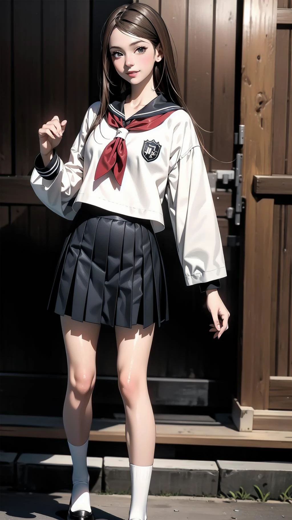 full body, standing, girl, long hair, brown hair, brown eyes, (perfect skin, realistic skin), seifuku, white shirt, white socks, fine fabric emphasis, smile, <lora:TakagiSan-clasicStyle-000008:0.61>, TakagiSanFirstStyle, (master piece:1.4, best quality:1.4, intricate details, highres, 8K, 4K, UHD, Ultra Detailed 8K CG, ultra high res, High quality texture, High quality shadow, HDR)