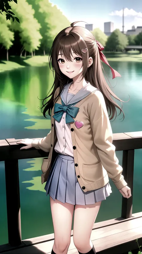 <lora:NeuroTEST:0.4> neuro-sama, 1girl, blush, hair ribbon, hair ornament, ahoge, looking at viewer, heart hair ornament, school uniform, shirt, smile, cardigan, closed mouth, brown cardigan, Over-the-Shoulder Shot, Peaceful riverside with weeping willow trees and a wooden bridge,