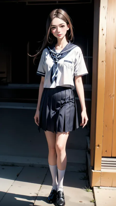 full body, standing, girl, long hair, brown hair, brown eyes, (perfect skin, realistic skin), seifuku, white shirt, white socks, fine fabric emphasis, smile, <lora:TakagiSan-clasicStyle-000008:0.61>, TakagiSanFirstStyle, (master piece:1.4, best quality:1.4, intricate details, highres, 8K, 4K, UHD, Ultra Detailed 8K CG, ultra high res, High quality texture, High quality shadow, HDR)