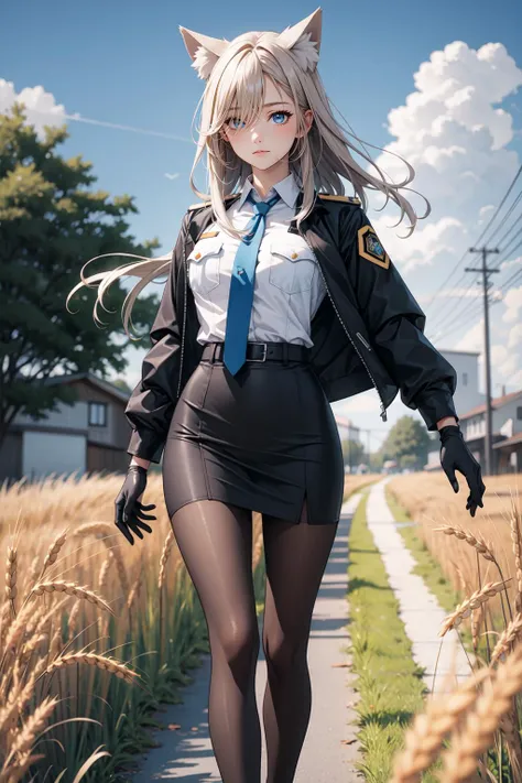 1girl, animal ear fluff, animal ears, armband, barn, black gloves, black pantyhose, blonde hair, blue armband, blue eyes, blue jacket, blue necktie, blue shirt, breasts, closed mouth, cloud, crossover, dress shirt, epaulettes, expressionless, feet out of frame, floating hair, gloves, grey sky, hair over one eye, high collar, jacket, large breasts, long hair, long sleeves, necktie, open clothes, open jacket, outdoors, pantyhose, pencil skirt, police, police uniform, power lines, shirt, shirt tucked in, sidelocks, sideways glance, skirt, sky, solo, standing, uniform, utility pole, wheat field, masterpiece, best quality
