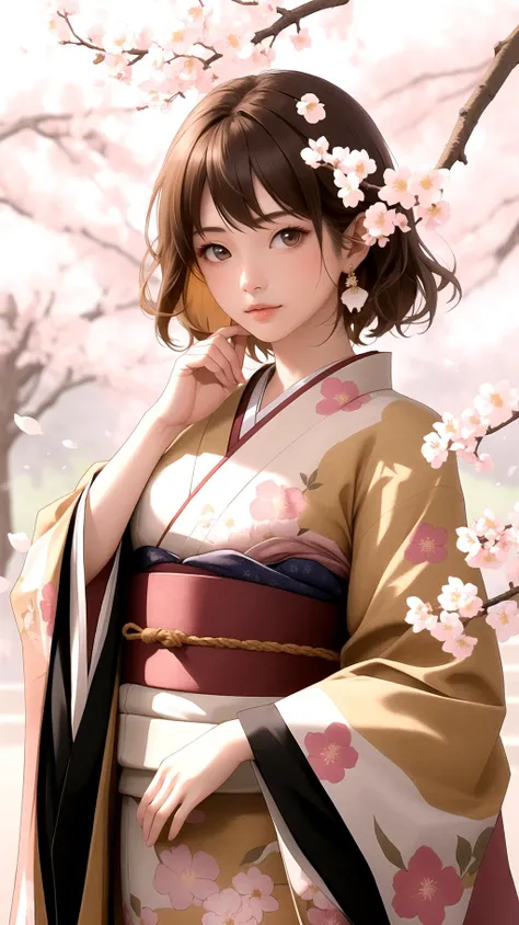 (masterpiece best quality), 1girl, blonde hair, brown eyes, breasts, japanese clothes, kimono, long sleeves, outdoors, realistic, short hair, light particle, messy hair, bare tree, branch, cherry blossoms, day, depth of field, east asian architecture, falling petals, floral background, floral print, flower, graduation, hanami, looking at viewer,