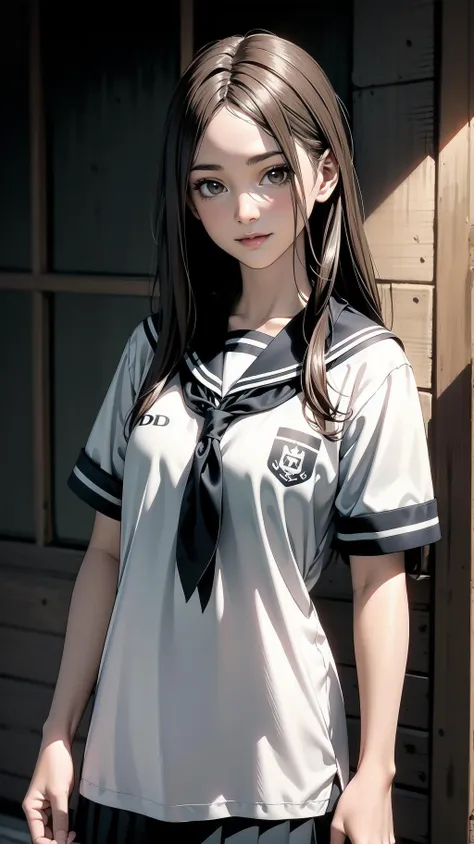 cowboy shot, standing, schoolgirl, long hair, brown hair, brown eyes, (perfect skin, realistic skin), seifuku, white shirt, white socks, fine fabric emphasis, slightly smile,  <lora:TakagiSan-clasicStyle-000008:0.60>, TakagiSanFirstStyle, (master piece:1.4, best quality:1.4, intricate details, highres, 8K, 4K, UHD, Ultra Detailed 8K CG, ultra high res, High quality texture, High quality shadow, HDR)