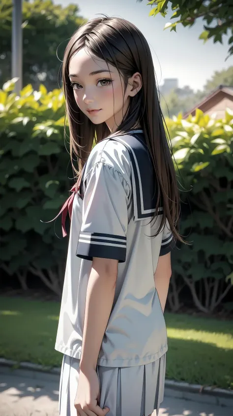 cowboy shot, standing, schoolgirl, long hair, brown hair, brown eyes, (perfect skin, realistic skin), seifuku, white shirt, white socks, fine fabric emphasis, slightly smile,  <lora:TakagiSan-clasicStyle-000008:0.70>, TakagiSanFirstStyle, (master piece:1.4, best quality:1.4, intricate details, highres, 8K, 4K, UHD, Ultra Detailed 8K CG, ultra high res, High quality texture, High quality shadow, HDR)