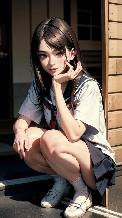 squat:1.4, full body:1.2, girl, long hair, brown hair, brown eyes, (perfect skin, realistic skin), seifuku, white shirt, white socks, fine fabric emphasis, smile, <lora:TakagiSan-clasicStyle-000008:0.60>, TakagiSanFirstStyle, (master piece:1.4, best quality:1.4, intricate details, highres, 8K, 4K, UHD, Ultra Detailed 8K CG, ultra high res, High quality texture, High quality shadow, HDR)