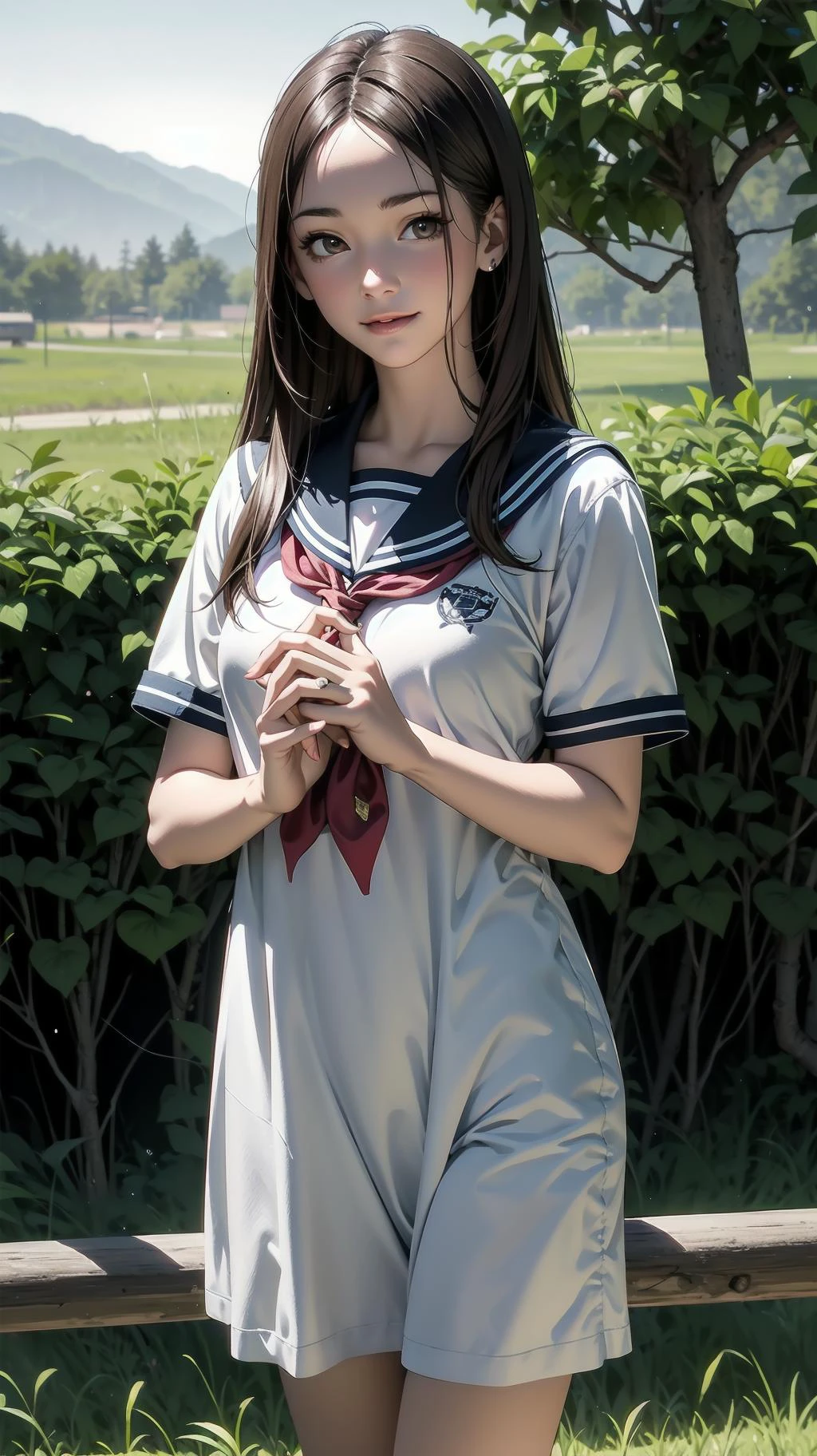 cowboy shot, standing, girl, long hair, brown hair, brown eyes, (perfect skin, realistic skin), seifuku, white shirt, white socks, fine fabric emphasis, slightly smile, <lora:TakagiSan-clasicStyle-000008:0.62>, TakagiSanFirstStyle, (master piece:1.4, best quality:1.4, intricate details, highres, 8K, 4K, UHD, Ultra Detailed 8K CG, ultra high res, High quality texture, High quality shadow, HDR)