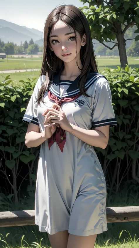 cowboy shot, standing, schoolgirl, long hair, brown hair, brown eyes, (perfect skin, realistic skin), seifuku, white shirt, white socks, fine fabric emphasis, slightly smile,  <lora:TakagiSan-clasicStyle-000008:0.62>, TakagiSanFirstStyle, (master piece:1.4, best quality:1.4, intricate details, highres, 8K, 4K, UHD, Ultra Detailed 8K CG, ultra high res, High quality texture, High quality shadow, HDR)