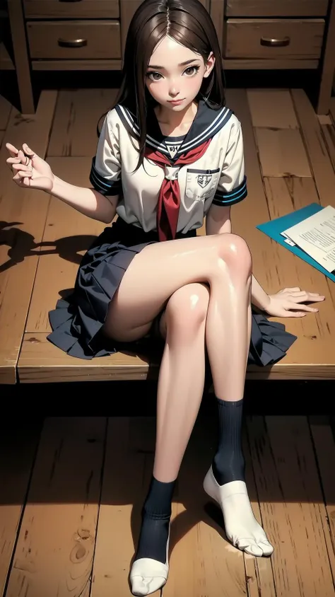 indoor, sitting on the floor:1.4, full body:1.2, (from above, crossed legs:1.2), schoolgirl, long hair, brown hair, brown eyes, (perfect skin, realistic skin), seifuku, white shirt, white socks, white panty, fine fabric emphasis, sexy:1.1, smile, <lora:TakagiSan-clasicStyle-000008:0.60>, TakagiSanFirstStyle, (master piece:1.4, best quality:1.4, intricate details, highres, 8K, 4K, UHD, Ultra Detailed 8K CG, ultra high res, High quality texture, High quality shadow, HDR), nsfw