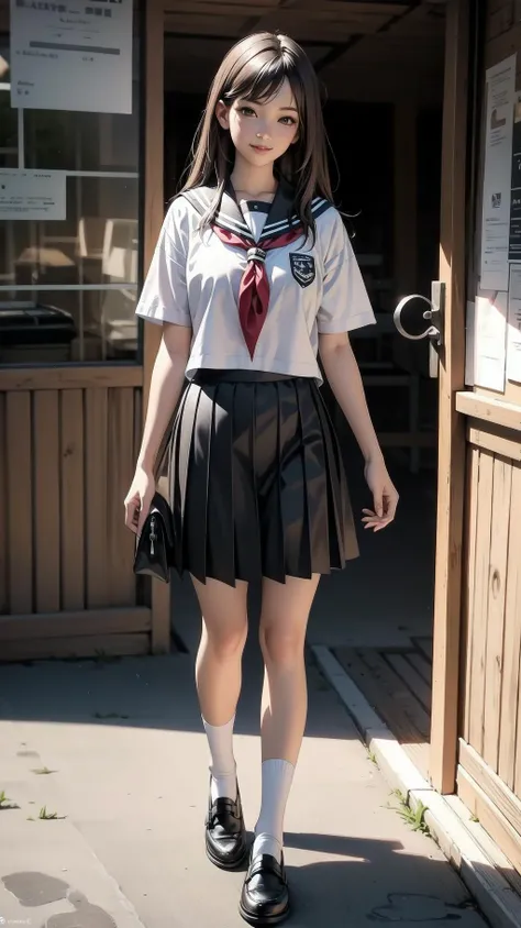 full body, standing, girl, long hair, brown hair, brown eyes, (perfect skin, realistic skin), seifuku, white shirt, white socks, fine fabric emphasis, smile, <lora:TakagiSan-clasicStyle-000008:0.61>, TakagiSanFirstStyle, (master piece:1.4, best quality:1.4, intricate details, highres, 8K, 4K, UHD, Ultra Detailed 8K CG, ultra high res, High quality texture, High quality shadow, HDR)