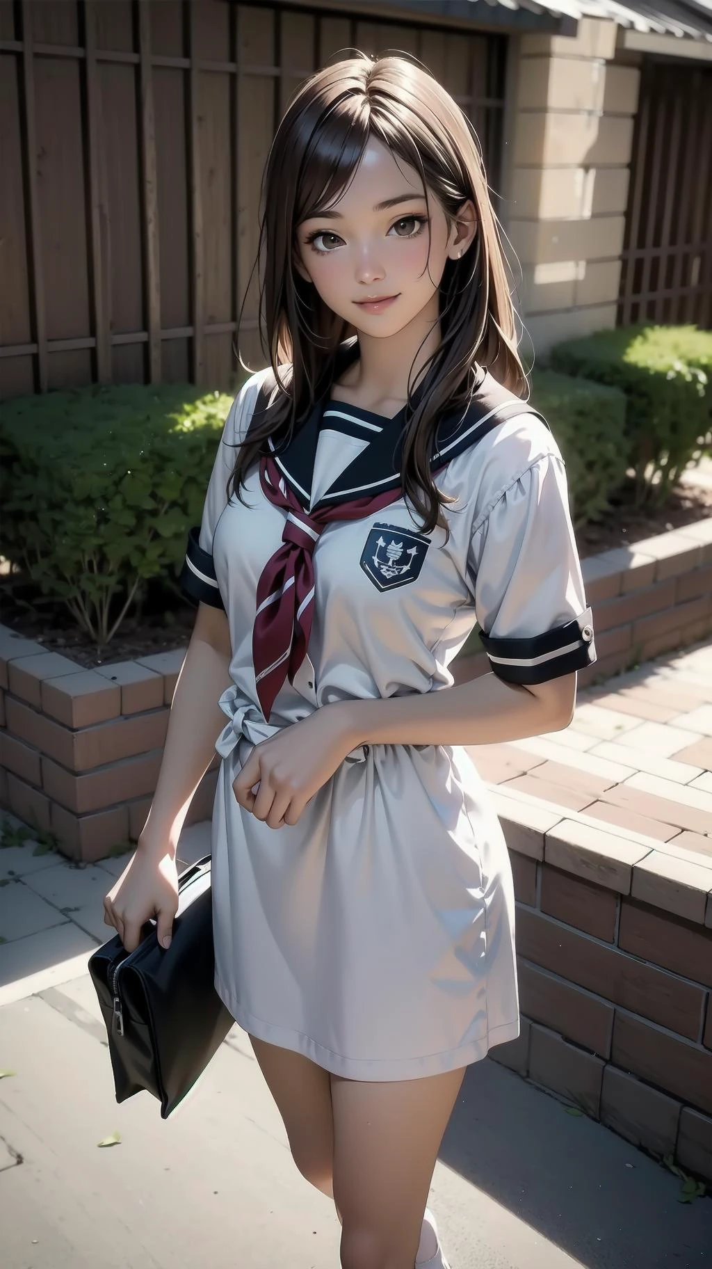 cowboy shot, standing, girl, long hair, brown hair, brown eyes, (perfect skin, realistic skin), seifuku, white shirt, white socks, fine fabric emphasis, smile, <lora:TakagiSan-clasicStyle-000008:0.61>, TakagiSanFirstStyle, (master piece:1.4, best quality:1.4, intricate details, highres, 8K, 4K, UHD, Ultra Detailed 8K CG, ultra high res, High quality texture, High quality shadow, HDR)