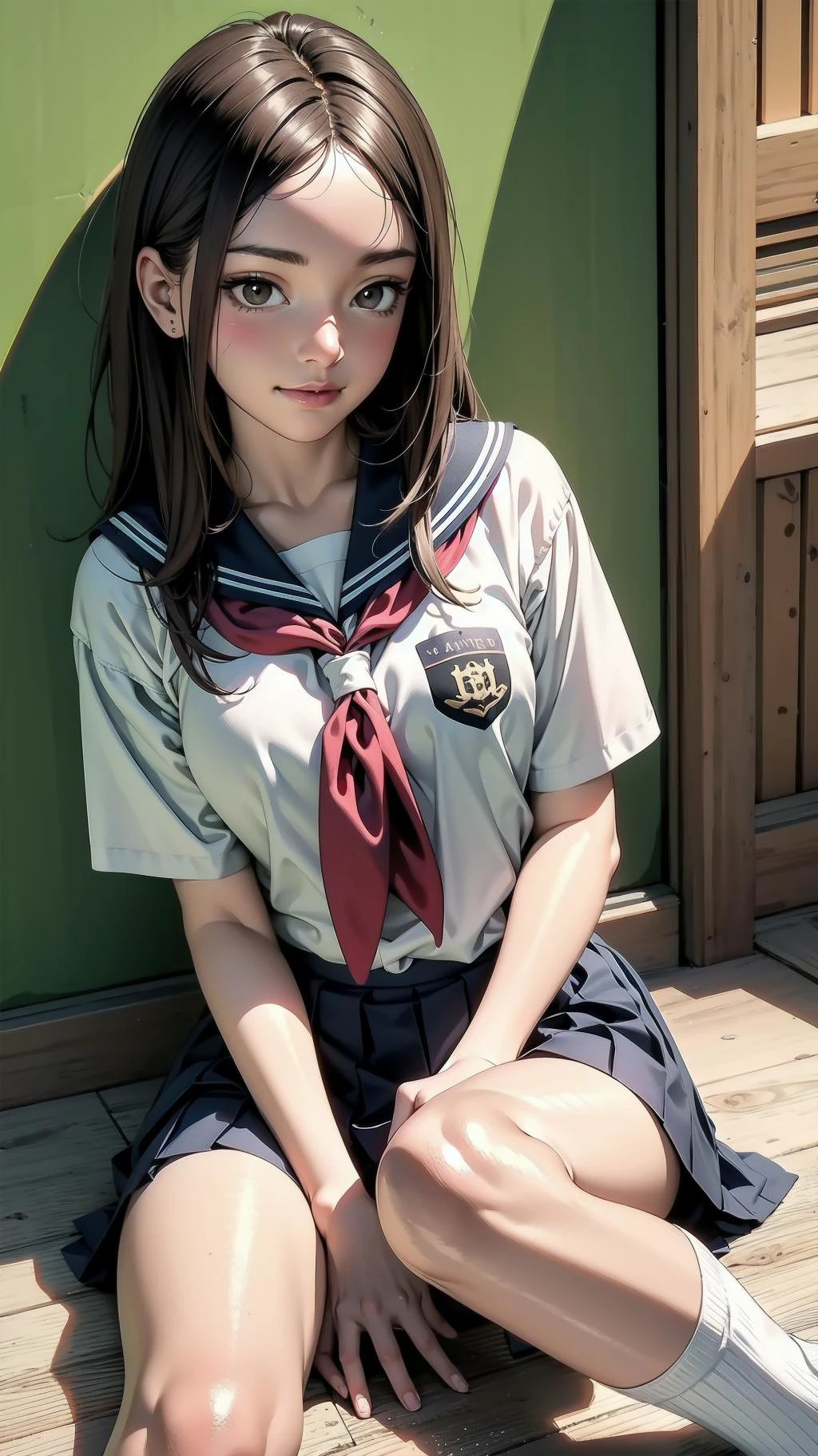indoor, bedroom, ((leaning on the knee, on floor)), girl, long hair, brown hair, brown eyes, (perfect skin, realistic skin), seifuku, white shirt, white socks, white panty, fine fabric emphasis, sexy:1.1, smile, blush:1.2,  <lora:TakagiSan-clasicStyle-000008:0.60>, TakagiSanFirstStyle, (master piece:1.4, best quality:1.4, intricate details, highres, 8K, 4K, UHD, Ultra Detailed 8K CG, ultra high res, High quality texture, High quality shadow, HDR), nsfw