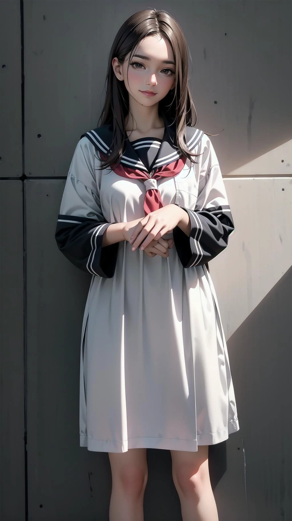 cowboy shot, standing, girl, long hair, brown hair, brown eyes, (perfect skin, realistic skin), seifuku, white shirt, white socks, fine fabric emphasis, slightly smile, <lora:TakagiSan-clasicStyle-000008:0.60>, TakagiSanFirstStyle, (master piece:1.4, best quality:1.4, intricate details, highres, 8K, 4K, UHD, Ultra Detailed 8K CG, ultra high res, High quality texture, High quality shadow, HDR)