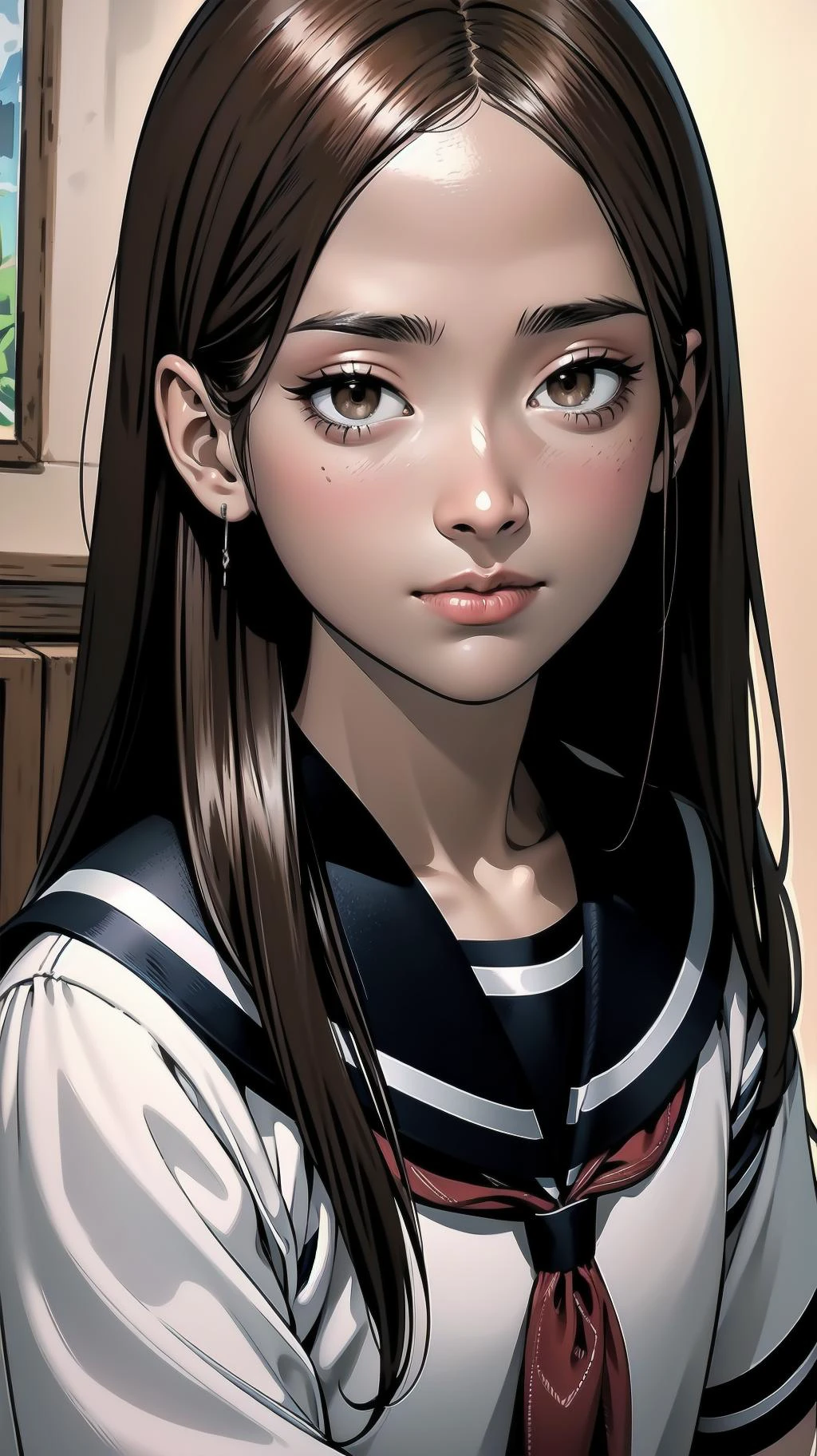 cowboy shot, standing, girl, long hair, brown hair, brown eyes, (perfect skin, realistic skin), seifuku, white shirt, white socks, fine fabric emphasis, slightly smile, <lora:TakagiSan-clasicStyle-000008:0.70>, TakagiSanFirstStyle, (master piece:1.4, best quality:1.4, intricate details, highres, 8K, 4K, UHD, Ultra Detailed 8K CG, ultra high res, High quality texture, High quality shadow, HDR)