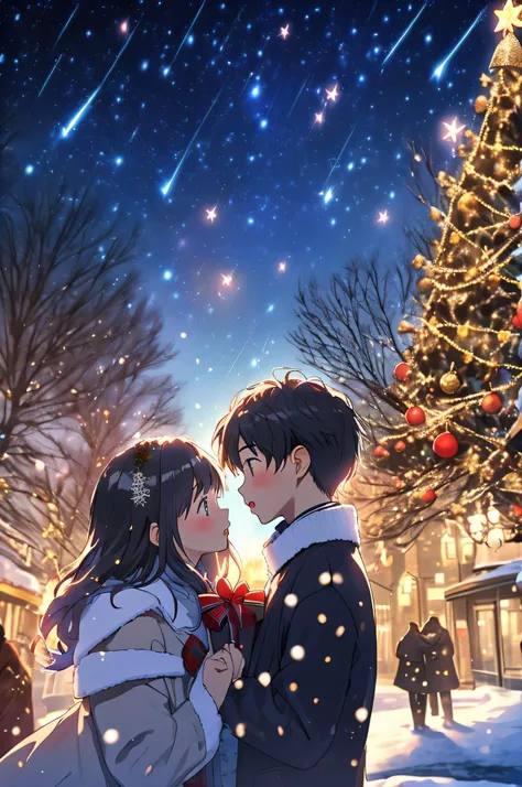 Ultra-realistic,masterpiece,Ultra Sharp,(best quality:1.2),
(1 boy,1 Girl,Couple,kissing, under christmas tree:1.2),
christmas tree,christmas tree lighting,night sky, snow, star \(sky\), starry sky, street, tree, winter,
<lora:cozy anime_20230630155224:0.7> cozy anime