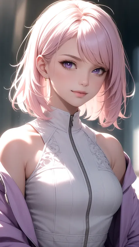 (masterpiece, best quality), intricate details, thin, ((slim)), beautiful girl, Light pink hair, white skin, light purple eyes, sharp jawline, cropped jacket, messy hair, lips, upper body, close up, smirk