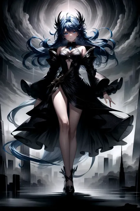 <lora:Add Detail Tweak:0.8>, <lora:AbyssalTech:1>, (best quality:1.2, extremely detailed:1.2, highres:1.2), 1girl, dark blue hair, long hair, flowing dress, glowing tattoo, abyssaltech, dark energy, ethereal, dissolving, see-through, abyss, city