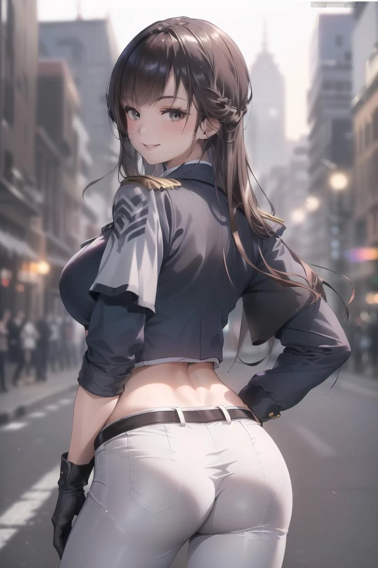 (best quality,absurd res:1.3),(illustration:1.1),perfect lighting,beautiful face,1girl,(bokeh photography:1.1),smile,night city,wide hip,(from back,hip focus:1.2),
<lora:marciana-v1-nai-6ep-resize:0.6> marciana \(nikke\), long hair, brown hair, white gloves, crop top, midriff, military uniform, navel piercing, tight pants