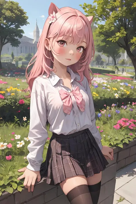 (masterpiece, best quality), 1girl, <lora:opossumachine:1> pink hair, plaid skirt, black legwear, flower,