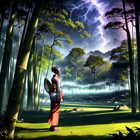 ((a samurai warrior stand alone in the dark forest, sengoku period, ultra detailed landscape, mystic landscape, mystic atmosphere, giant  bamboos, giant trees, flying tree leaves, fog, lightning:1.2)), ((master piece)), (best quality), (cinematic lighting), highres, 8K, ultra detailed 8k cg,  perfect lighting, extremely detailed background, (elaborate atmosphere:1.4), soft HDR, <lora:add_detail:1.25>
