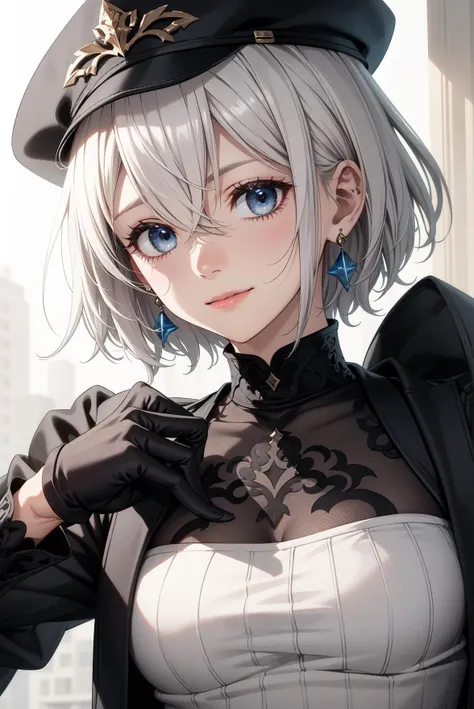 (masterpiece, best quality), intricate details, 
hm2b, short hair, gray hair, blue eyes, beautiful eyes, white skin, b2, sweater, gloves, earrings, hat, boots,
slight smile, close-up, looking at viewer, blurred background, <lora:add_detail_v5:0.3>,  <lora:Eternal2Bv2:0.5>