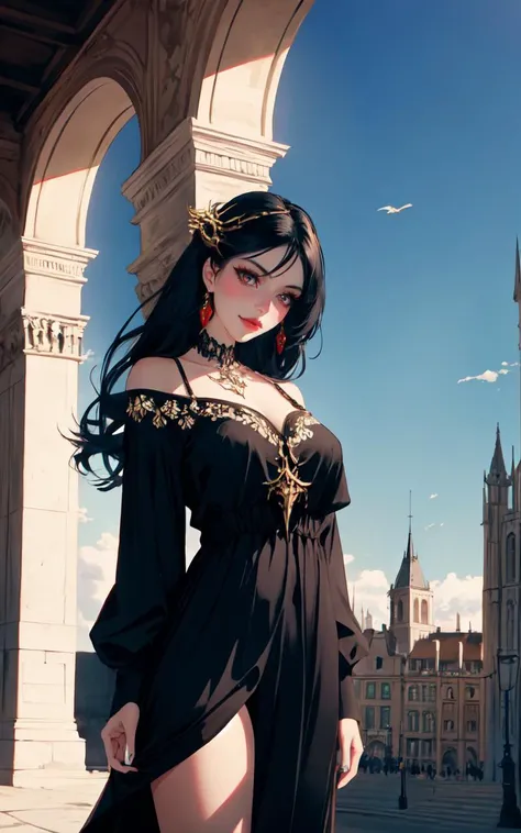 (clothed, masterpiece, wide angle, cinematic establishing shot, young adult european woman, highly detailed background:1.2), volumetric lighting, subsurface scattering, dynamic pose, (special effects, color grading, fantasy aura), (Sky Painter:1.4), (Small Perky breasts:0.81), Sunset canvas, paintbrush, vibrant clouds, celestial inspiration (style of bella kotak:1.5),