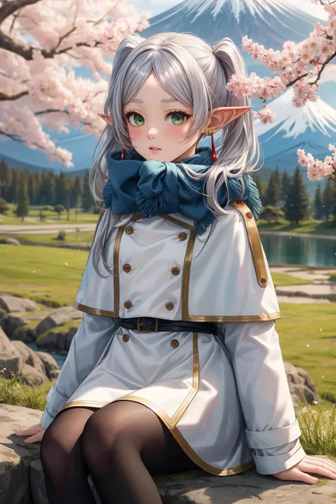 masterpiece, best quality, highres,
long hair, white hair, (parted bangs:1.2), twintails, green eyes, pointy ears, earrings, stubby eyebrows, white capelet, long sleeves, white skirt, black pantyhose,
expressionless, sfw, long coat, oversize coat, (white coat:1.2), double-breasted, buttons, (blue scarf:1.2), white skirt, small breasts,
outdoors, nature, (Mount Fuji:1.2), cherry blossoms, snowflake, snow, snowing, blue sky,
sitting, face to camera, looking at camera, closed lips, closed mouth,
<lora:frieren_v1:0.8>, aafrie,
<lora:detail_slider_v4:1>,
<lora:more_details:0.4>,
<lora:GoodHands-vanilla:1>,