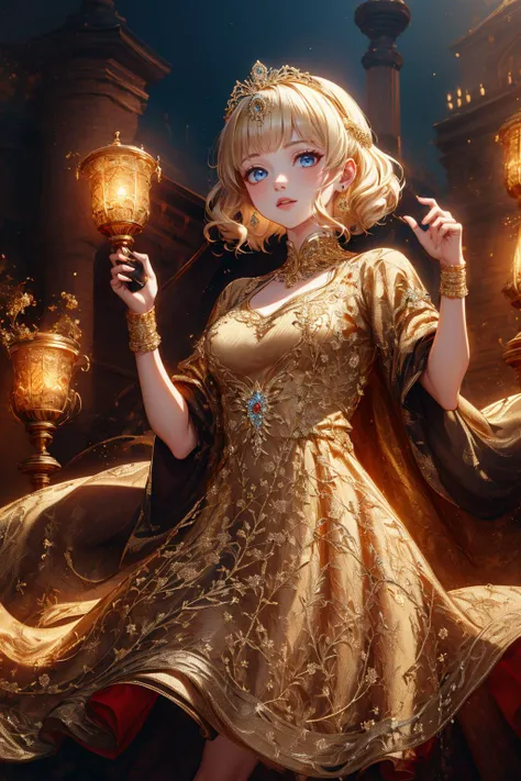 ((masterpiece)), (best quality), official art, extremely detailed CG, unity 8k wallpaper, 
goldengravingstyle, 1girl, blonde hair, dark, engraved, princess, tiara, outdoors, golden dress, full of gold,  embroidered dress, jewelry, scared, 
 <lora:gold-engraving-style-darquelilly-v1:1.5>