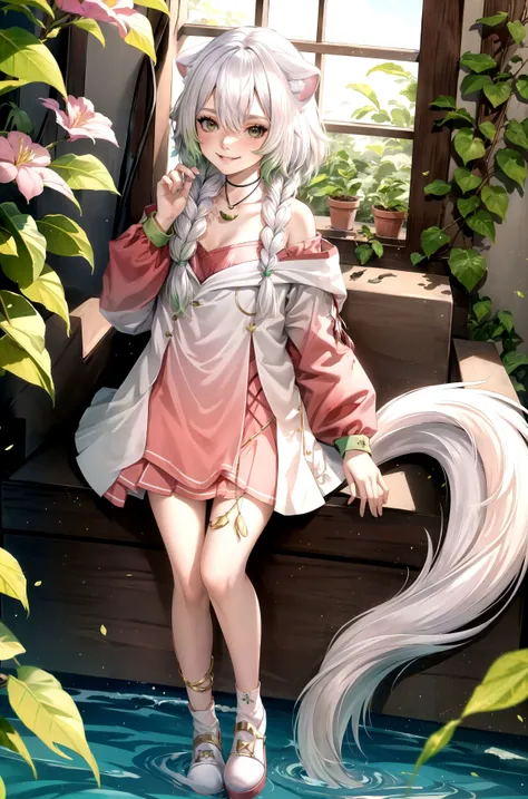 masterpiece, best quality, laimu, 1girl, solo, green eyes, animal ears, smile, looking at viewer, choker, off shoulder, cat ears, long sleeves, tail, blush, white hair, dress, single braid, jewelry, <lora:laimu:0.8>