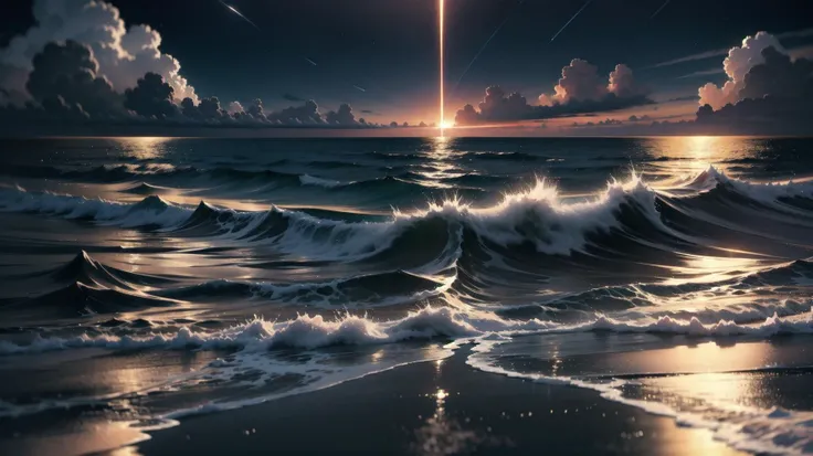 (night time:1.8, midnight:1.8, (dark:1.6) starry sky:1.8, falling stars:1.6, (in the middle of the ocean:1.6), unemployed:1.4, reflection of the sky over the ocean:1.6, amazing landscape), (master piece:1.4, best quality:1.4, intricate details, sharp focus, UHD, 8K, Ultra Detailed 8K CG, extremely detailed CG unity 8k wallpaper, ultra high res, High quality texture, High quality shadow, natural lighting, vivid colors, sof HDR)