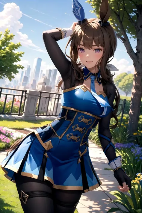 (masterpiece, best quality, ultra detailed), (perfect face, detailed face), (detailed background, complex background:1.2), full-face blush, smile, happy, parted lips,
<lora:admire_vega_(umamusume):1> aavega,horse ears,single ear cover,long hair,low ponytail,bangs,white necktie,dress,shirt,long sleeves,fingerless gloves,horse tail,blue skirt,thigh strap,pantyhose,(black pantyhose:1.2),boots,white footwear,mismatched footwear, armpits, covered armpits,
(outdoors, garden, (cowboy shot:1.5))
