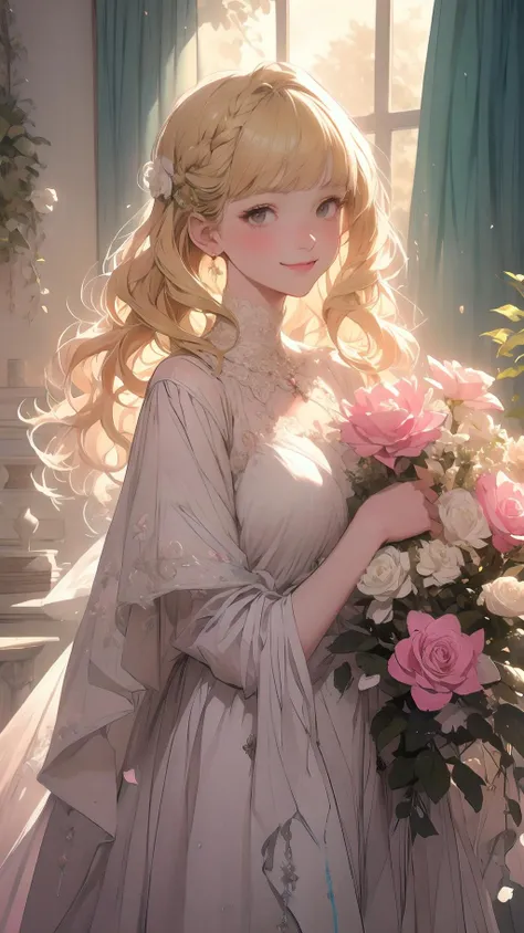 (masterpiece,best quality:1.2),(ultra detailed),(illustration),(distinct_image),art,stylized,
blunt bangs, blonde hair, wavy hair, closed mouth, light smile, white dress, portrait, upper body,
1girl, solo, flower, pink rose, indoors, plant, vase, curtains,
<lora:coloured glaze:0.6> coloured glaze,