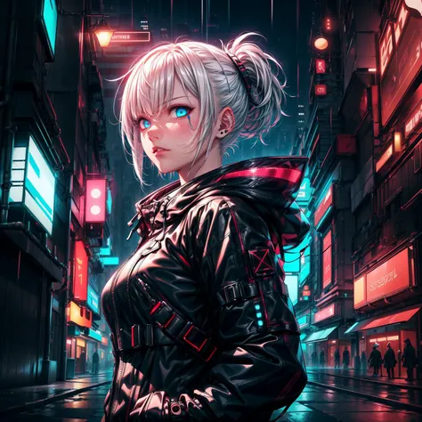 <lora:CyberPunkAI:0.50>, (Cyberpunk Theme:1.4, cyberpunk:1.8, neon lights,  science fiction, futuristic, ,a girl walking under the heavy rain, wearing a black raincoat, night time, in the city, futuristic city ââView, light particles, light beams, cyberpunk city), (1girl, white hair, pixie cut, beutiful, beauty, blue eyes, black outfit, pertfect face, perfect eyes, detailed face, detailed eyes, serious face), (masterpiece), (best quality), highres, 8K, ultra detailed 8K CG, cinematic lighting, perfect lighting, extremely detailed background, (elaborate atmosphere:1.4), <lora:add_detail:1.25>, vivid colors, soft HDR
