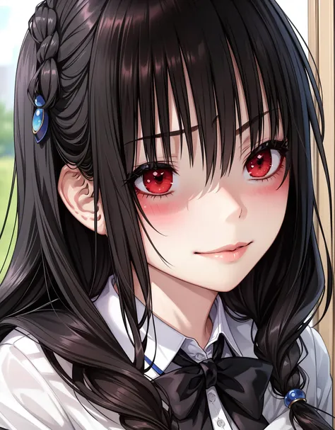 (masterpiece, best quality), slightly makeup, pertfect face, perfect eyes, detailed eyes, intricate details, (1girl in school, black hair, long hair, red eyes, large breast, school uniform, black pantyhose, blush, arrogant smirk, close up), <lora:kurumi2:0.5>, <lora:shaded_face2_pruned_0:0.8>