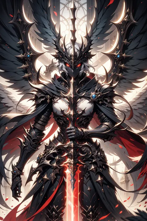 ethereal fantasy concept art, girl in black and gold armor, glod tiara, gold armor, holding gold sword, low wings, head wings, multiple wings, winged helmet, glowing sword, glowing runes, smug, glowing eyes, yellow eyes, constricted pupils, glowing yellow eyes, tsurime, parted lips, magic circle, glory, glory light, glory light \(weapon\), lighting, glow swirling light, gem, blue gemstone, with a dynamic and magical background, looking down, masterpiece, best quality, magnificent, celestial, ethereal, painterly, epic, majestic, magical, fantasy art, cover art, dreamy, Multi-Layered Textures, HDR, High Dynamic Range, Maximum Clarity And Sharpness, Multi-Layered Textures, <lora:Fantasy_warriors_-_by_HailoKnight:0.8>