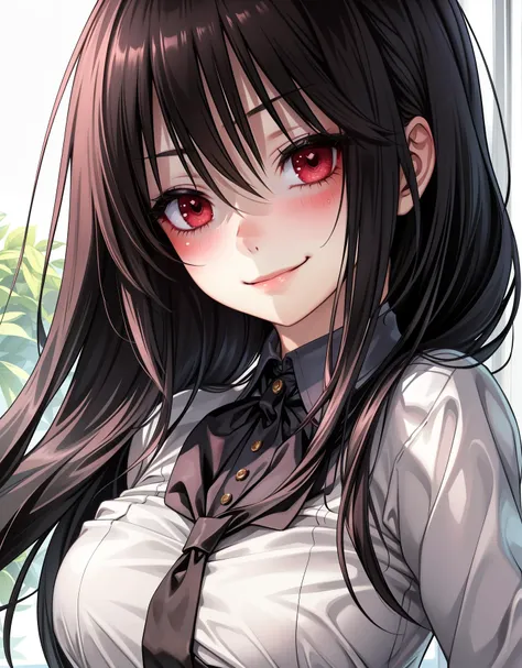 (masterpiece, best quality), slightly makeup, pertfect face, perfect eyes, detailed eyes, intricate details, (1girl in school, black hair, long hair, red eyes, large breast, school uniform, black pantyhose, blush, arrogant smirk, close up), <lora:kurumi2:0.5>,   <lora:shaded_face2_pruned_0:0.8>