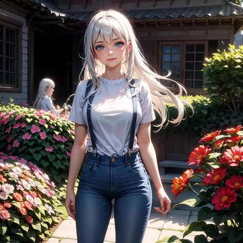 a girl is watering the flowers in the garden, light beams, long hair, white hair, blue eyes, cute, beauty, detailed face, freckle, smile, plain white shirt, short jeans with suspenders, white and blue outfit, afternoon, (mater piece, best quality, 8K, UHD, extreme detailed description, professional, studio lighting, sharp focus, cinematic lighting, highres,  ultra detailed 8K CG, perfect lighting, exremely detailed background, eleborate atmosphere:0.75, fantastical colors, vivid colors, soft HDR)