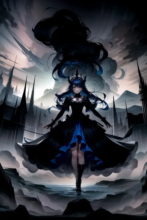 <lora:Add Detail Tweak:0.8>, <lora:AbyssalTech:1>, (best quality:1.2, extremely detailed:1.2, highres:1.2), 1girl, dark blue hair, long hair, yellow eyes, flowing dress, crown, glowing accents, abyssaltech, dark energy, ethereal, dissolving, see-through, abyss, mountain city in background, smoke, smoke trails