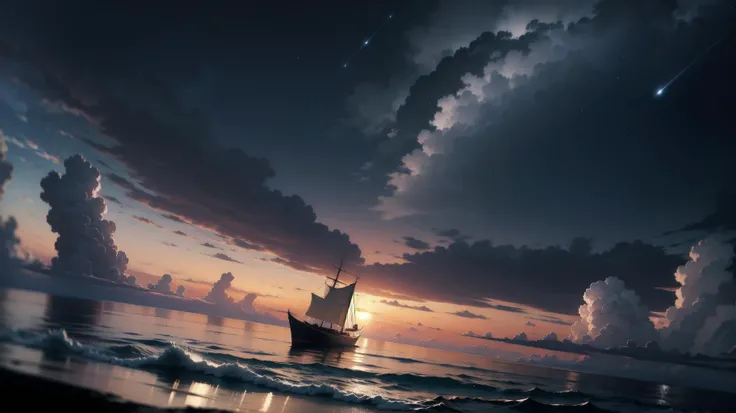 (night time:1.8, midnight:1.8, (dark:1.6) starry sky:1.8, falling stars:1.6, (in the middle of the ocean:1.6), unemployed:1.4, reflection of the sky over the ocean:1.6, amazing landscape), (master piece:1.4, best quality:1.4, intricate details, sharp focus, UHD, 8K, Ultra Detailed 8K CG, extremely detailed CG unity 8k wallpaper, ultra high res, High quality texture, High quality shadow, natural lighting, vivid colors, sof HDR)