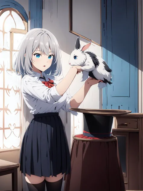(masterpiece:1.2, best quality:1.1, highres,absurdres, high quality),(photorealistic:1.1),reflected light, colorful,ultra-detailed, ultra hd, super detailed,
tejina_senpai, blue eyes, large breasts, grey hair, short hair, cape,serious, indoors, dark theme,holding rabbit, school uniform, top hat, black hat, (((short skirt), black legwear)),
<lora:tejina_senpai_lora_ver1:0.8> <lora:LowRA:0.2>