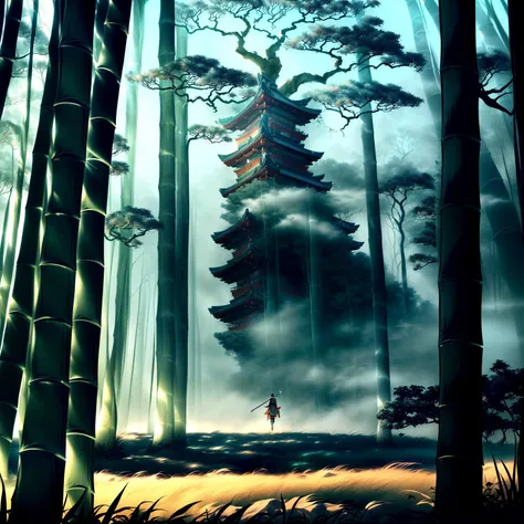 ((a samurai warrior stand alone in the dark forest, sengoku period, ultra detailed landscape, mystic landscape, mystic atmosphere, giant  bamboos, giant trees, flying tree leaves, fog, lightning:1.2)), ((master piece)), (best quality), (cinematic lighting), highres, 8K, ultra detailed 8k cg,  perfect lighting, extremely detailed background, (elaborate atmosphere:1.4), soft HDR, <lora:add_detail:1.25>