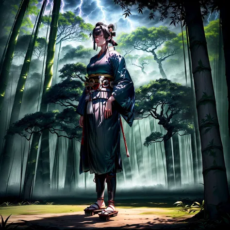 ((a samurai warrior stand alone in the dark forest, sengoku period, ultra detailed landscape, mystic landscape, mystic atmosphere, giant  bamboos, giant trees, flying tree leaves, fog, lightning:1.2)), ((master piece)), (best quality), (cinematic lighting), highres, 8K, ultra detailed 8k cg,  perfect lighting, extremely detailed background, (elaborate atmosphere:1.4), soft HDR, <lora:add_detail:1.25>